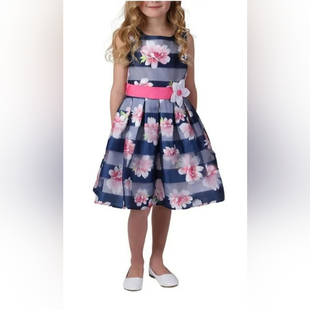 Jona Michelle Floral Striped Kids Dress - Pink and Blue Size 7